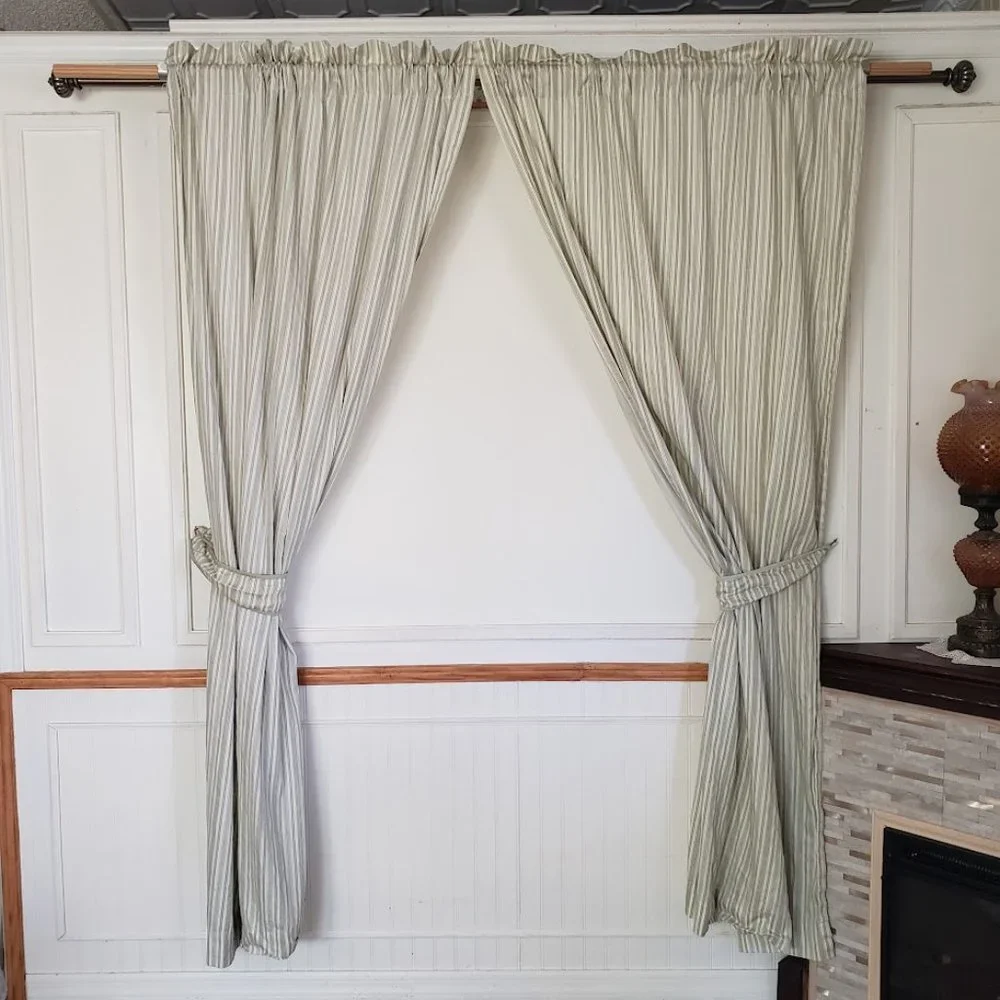 Waverly Curtains Cotton 2 Panels 84 W x 8L Stripe Garden Room Ties Green Yellow